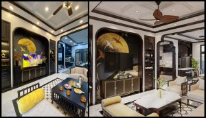 So sánh giữa ảnh thiết kế và thực tế nội thất biệt thự Indochine chị Hiền La Phù - không gian phòng khách