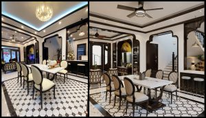 So sánh giữa ảnh thiết kế và thực tế nội thất biệt thự Indochine chị Hiền La Phù - không gian bàn ăn