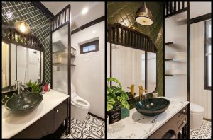 So sánh giữa ảnh thiết kế và thực tế nội thất biệt thự Indochine chị Hiền La Phù - không gian vệ sinh