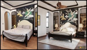 So sánh giữa ảnh thiết kế và thực tế nội thất biệt thự Indochine chị Hiền La Phù - không gian phòng ngủ master