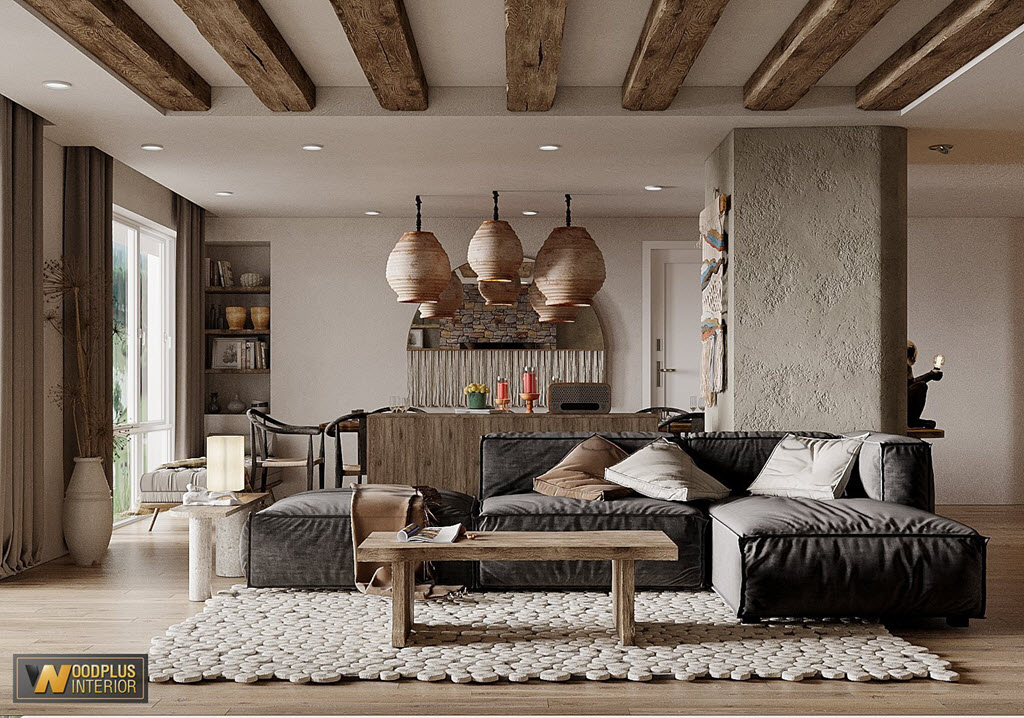 Một góc không gian phòng khách theo phong cách nội thất wabi sabi thô mộc