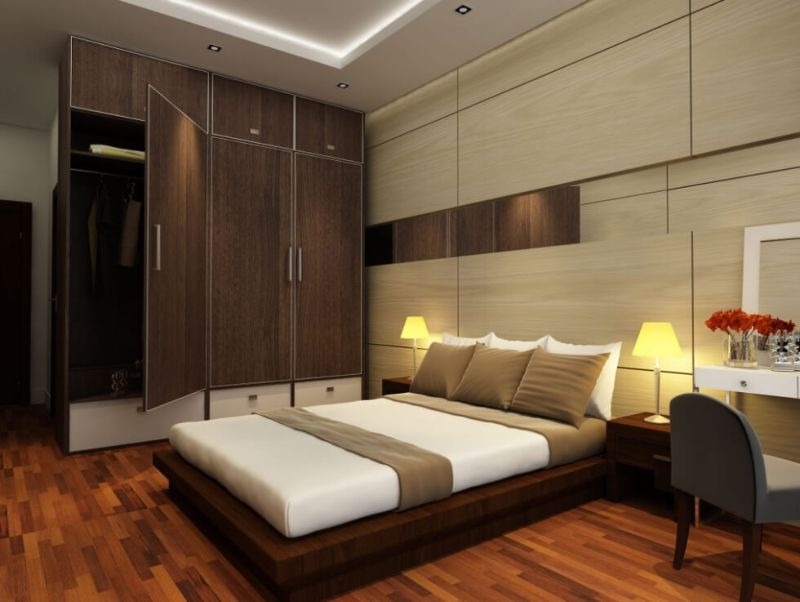 Nội thất phòng ngủ master chủ yếu sử dụng chất liệu gỗ sang trọng và ấm cúng.