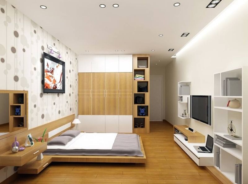 Phòng ngủ chính hiện đại với tông màu trắng và gỗ cùng giấy dán tường đặc biệt